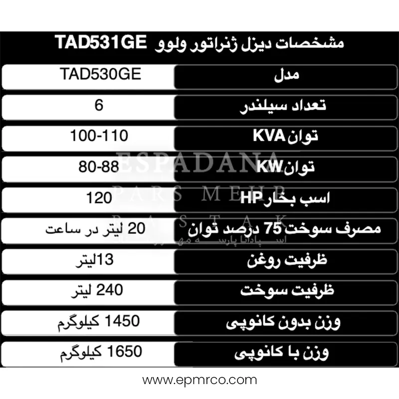مشخصات دیزل ژنراتور ولوو TAD530GE